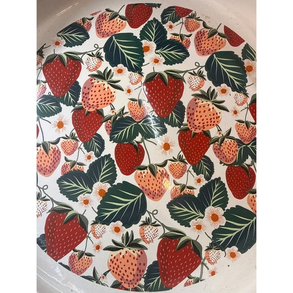 Red Shed Enamel Tray Round Serving Tray Strawberry Floral Design Cottagecore - Picture 3 of 4